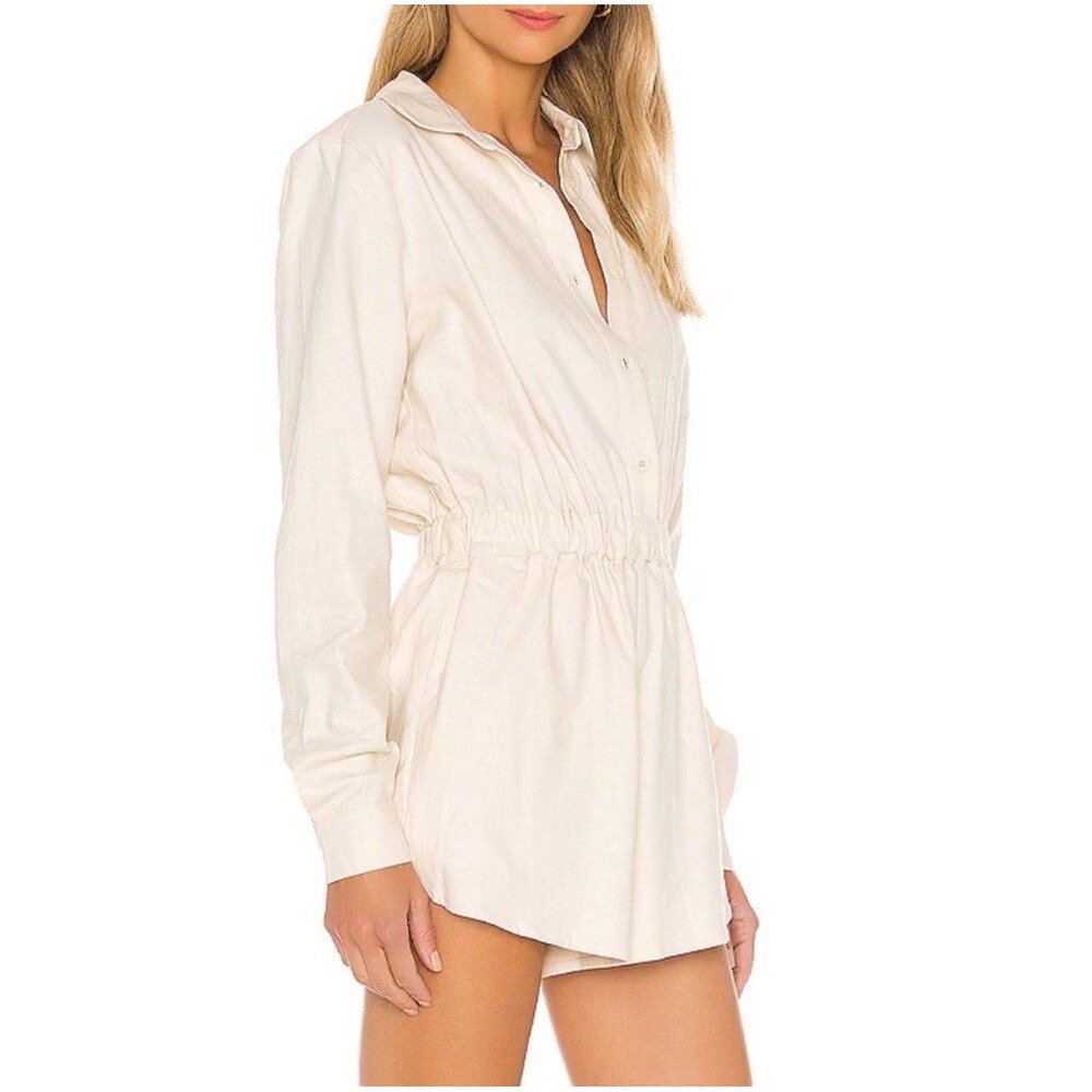 LPA Karolina Beige Linen Blend Long Sleeve Button Front Romper Small Utility